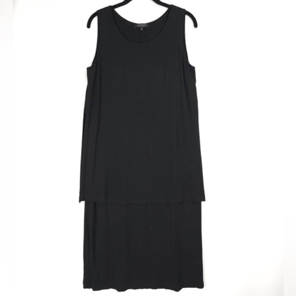 LAFAYETTE 148 NY Women Shift Tank Pullover Dress Black Split Side Layered LARGE